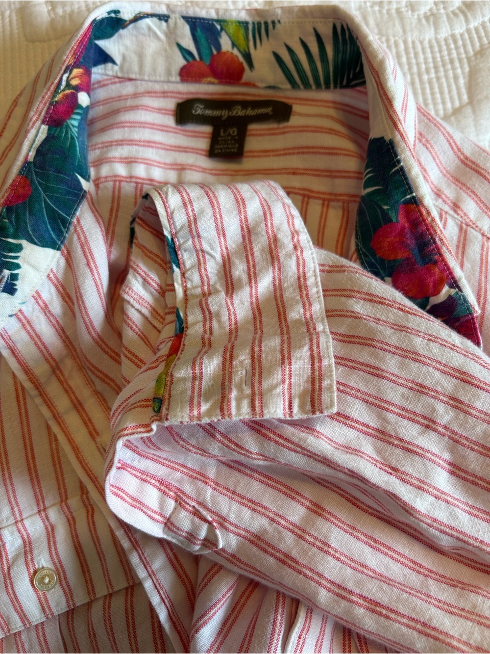 🌺Linen Tommy Bahama Red-Striped Button-Up Shirt with Floral Cuff and Collar Trim